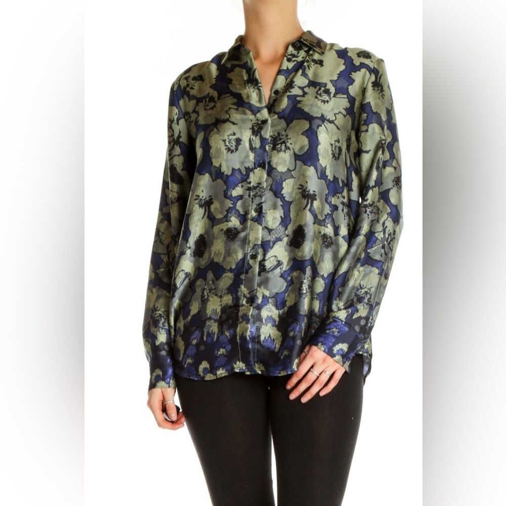 BANANA REPUBLIC Dillon Floral Silky Blouse Button Down Front XS Blue Green